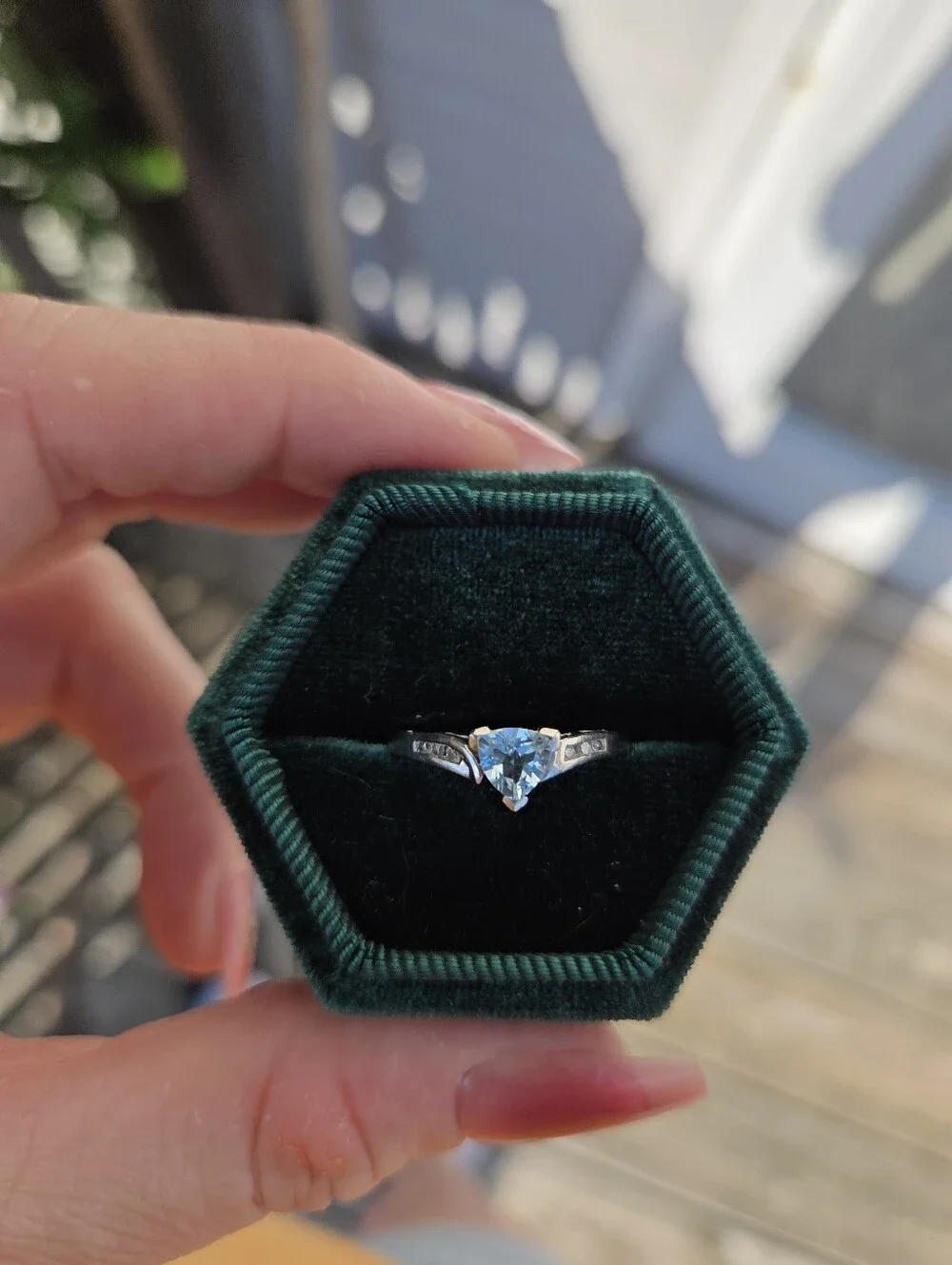 10k White Gold Trillion Aquamarine And Diamond Ring